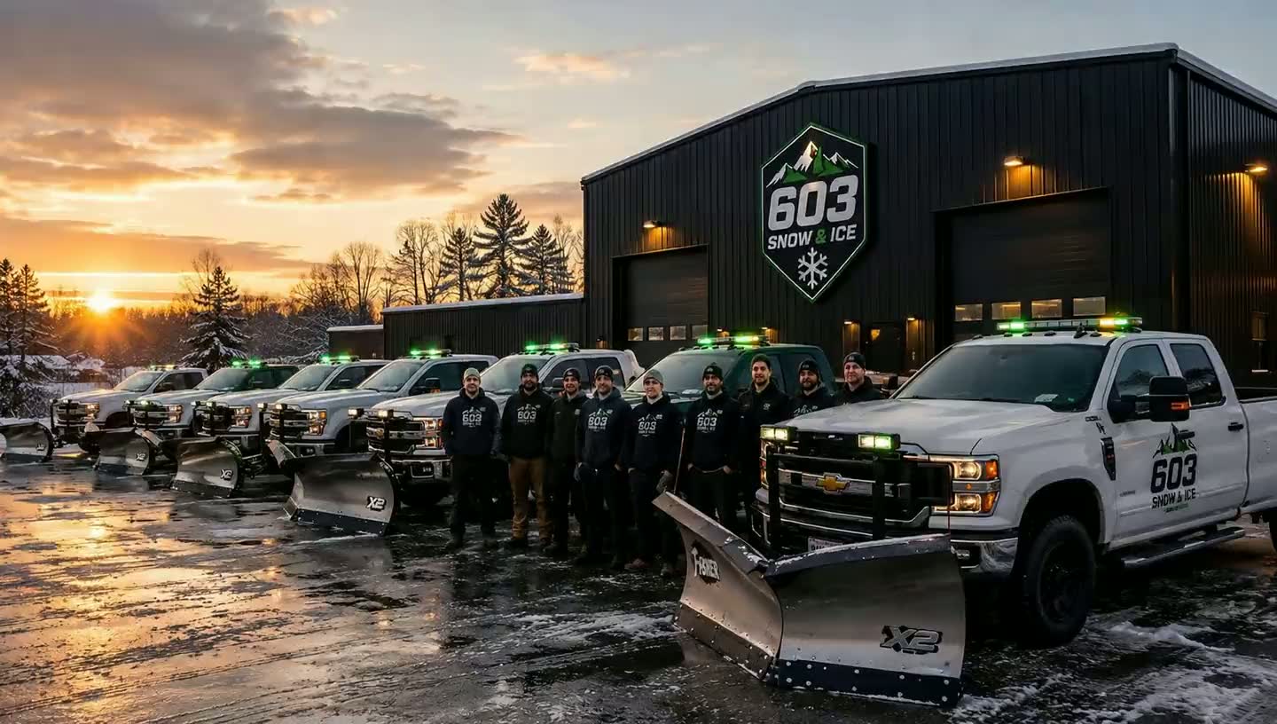 The 603 Snow & Ice team and plow truck fleet staged outside the shop at sunset