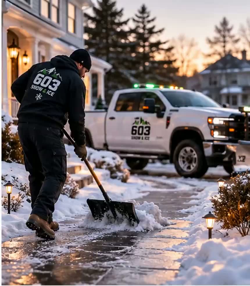 A 603 Snow & Ice crew member hand-clearing a front walkway