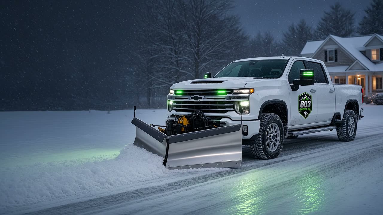 A 603 Snow & Ice plow truck working a residential driveway at night during snowfall
