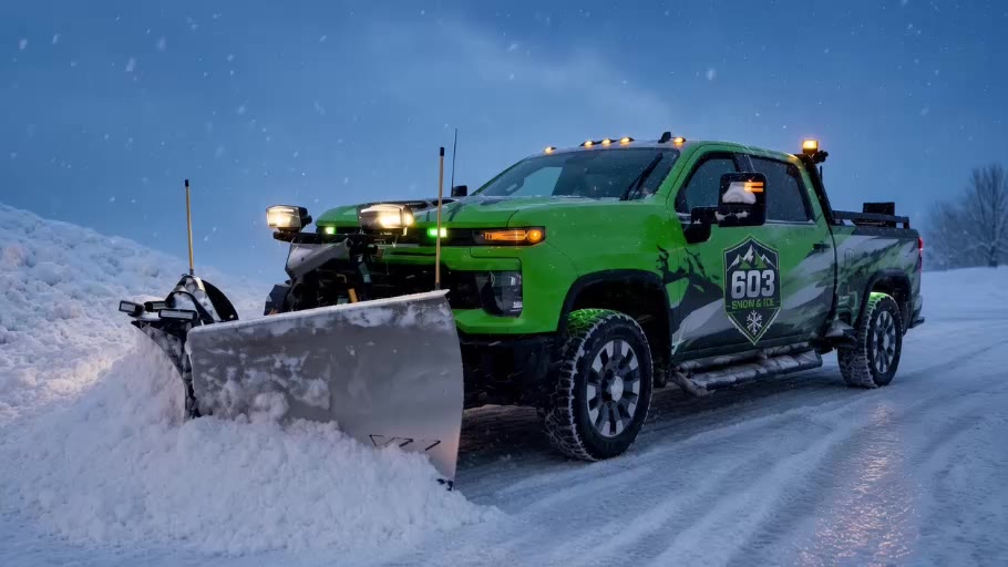A 603 Snow & Ice plow truck pushing snow at blue hour during falling snow.